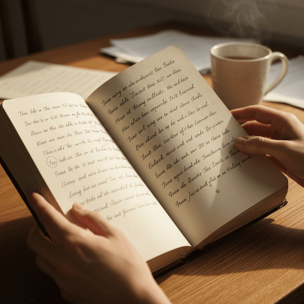 A haiku chapter resting on a quiet wooden desk, waiting to be read.