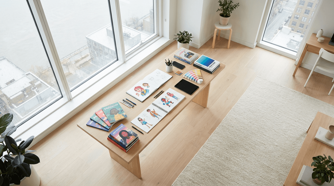 Open book with blank pages on a clean minimal desk, soft natural light