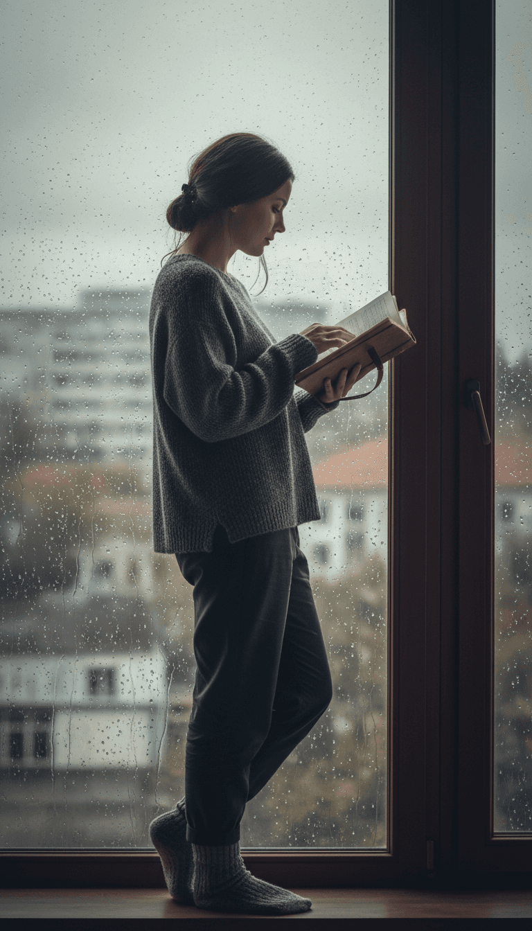 Person looking out a rainy window in a contemplative mood