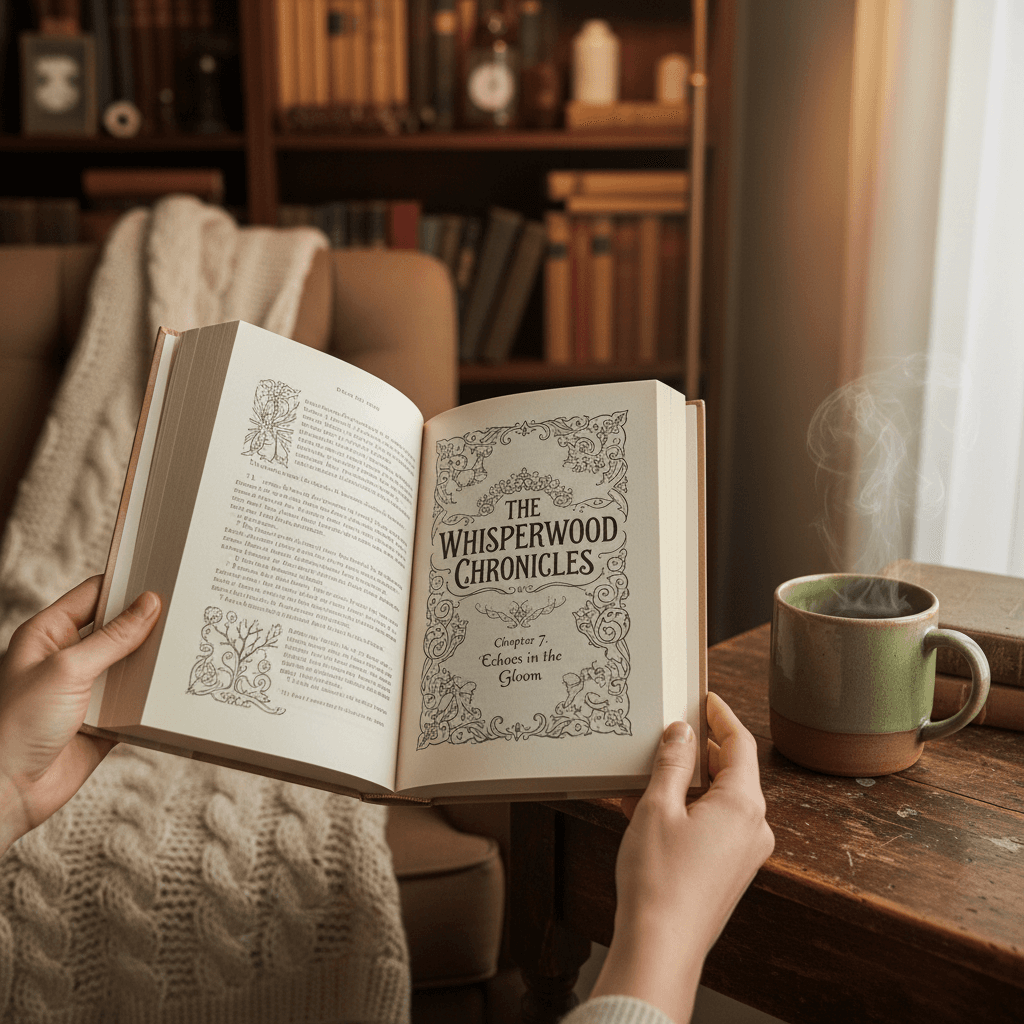 A reader turning a page between sips of tea.