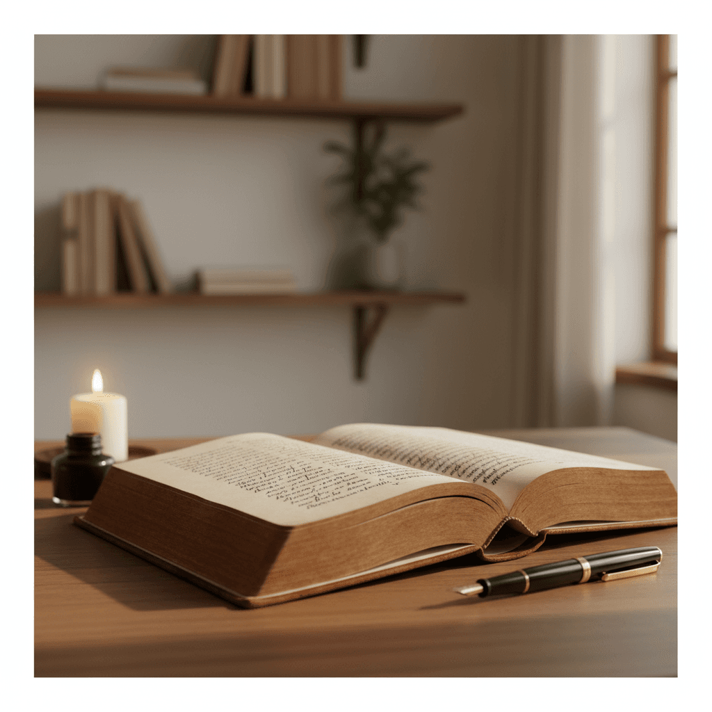 Open book with a handwritten haiku on a wooden desk in warm light