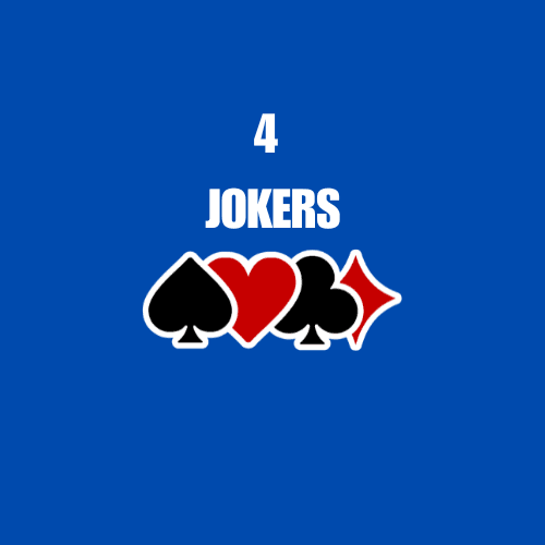 White text "4 JOKERS" above spade, heart, club, and diamond symbols on blue background.